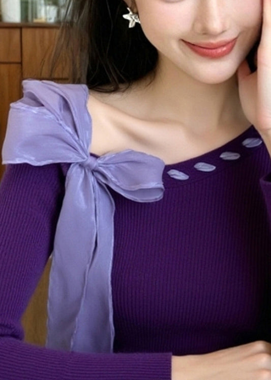 Suéter de punto liso con lazo morado elegante para invierno