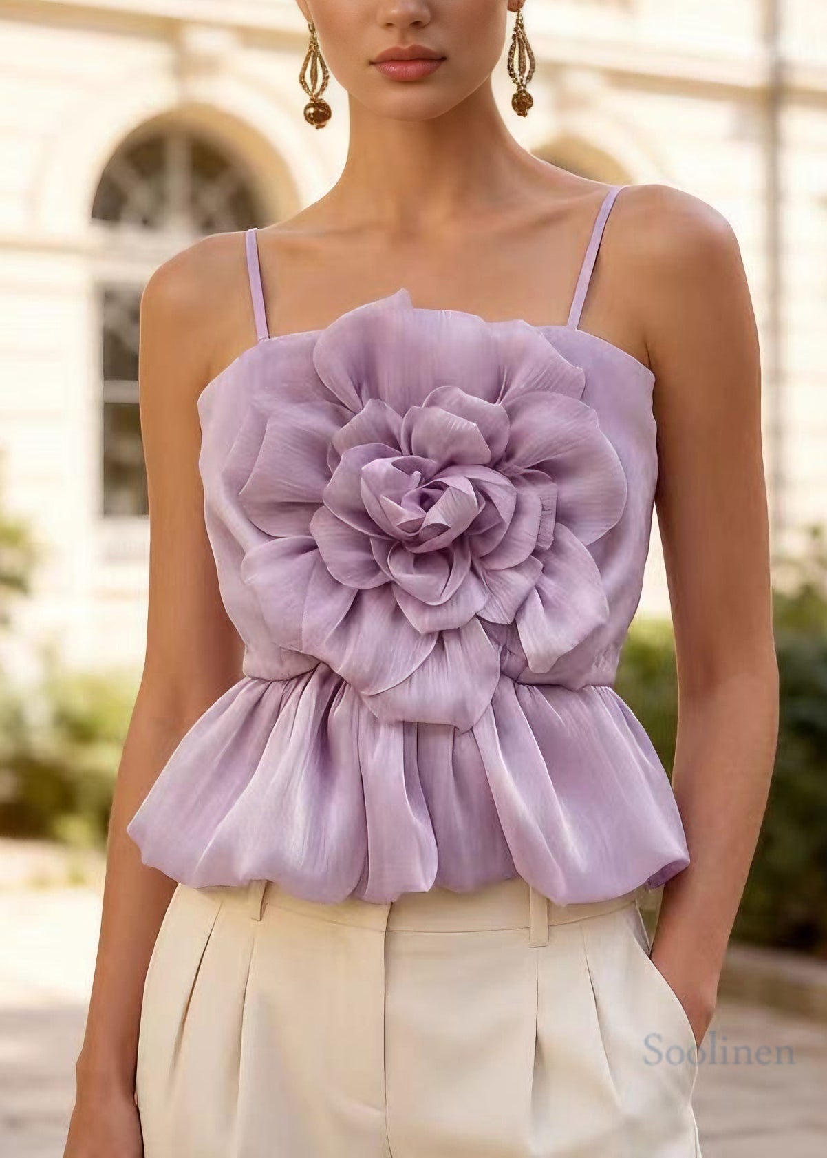Stylish Purple Floral Tulle Spaghetti Strap Top Summer