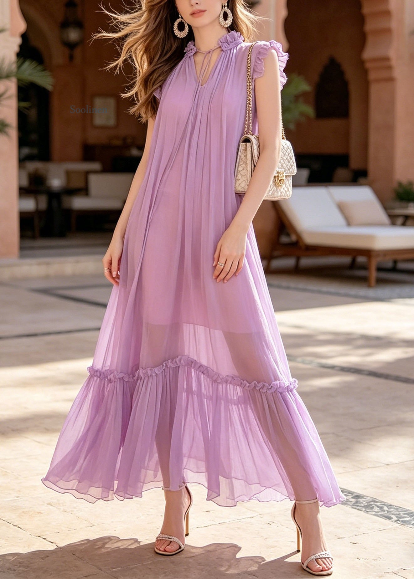 Stylish Purple Ruffled Patchwork Chiffon Maxi Dresses Summer
