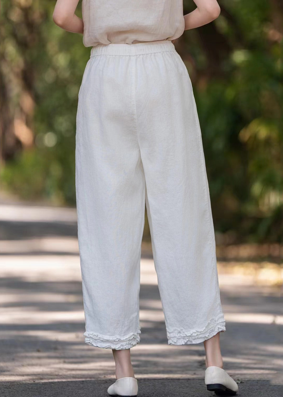 Stylish Purple Ruffled Pockets Solid Linen Wide Leg Pants