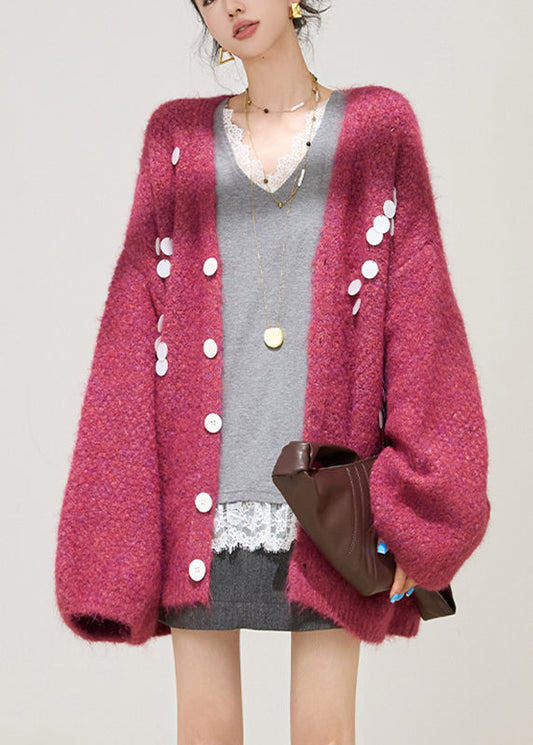 Stilvoller lila V-Ausschnitt-Cardigan aus Baumwollstrick mit Laternenärmeln