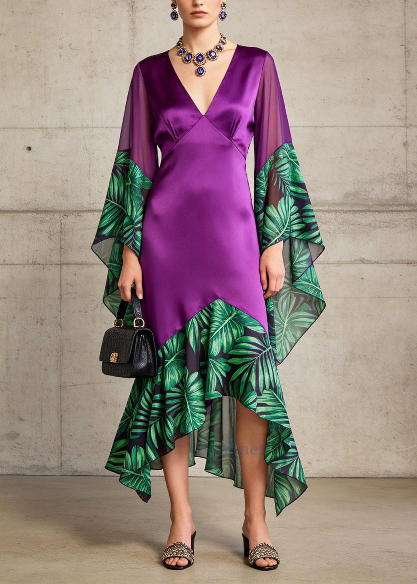 Stylish Purple V Neck Patchwork Silk Long Dress Flare Sleeve