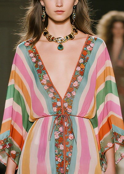 Stylish Rainbow Asymmetrical Striped Chiffon Day Dress Summer