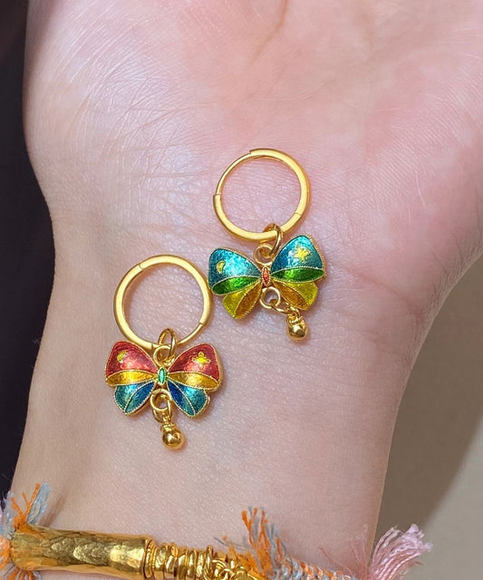 Stylish Rainbow Sterling Silver Overgild Butterfly Drip Glaze Hoop Earrings