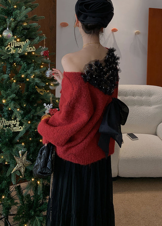 Stylish Red Backless Bow Knitted Tops Winter