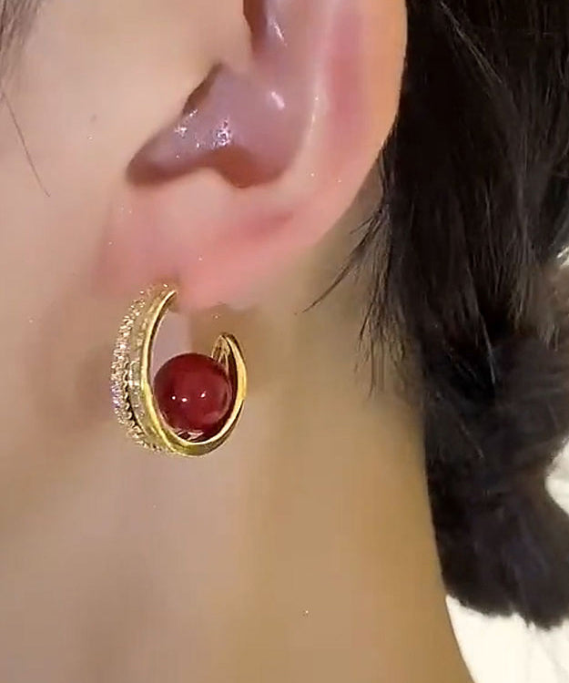 Elegantes pendientes de aro con perla y circonita de aleación de cobre rojo