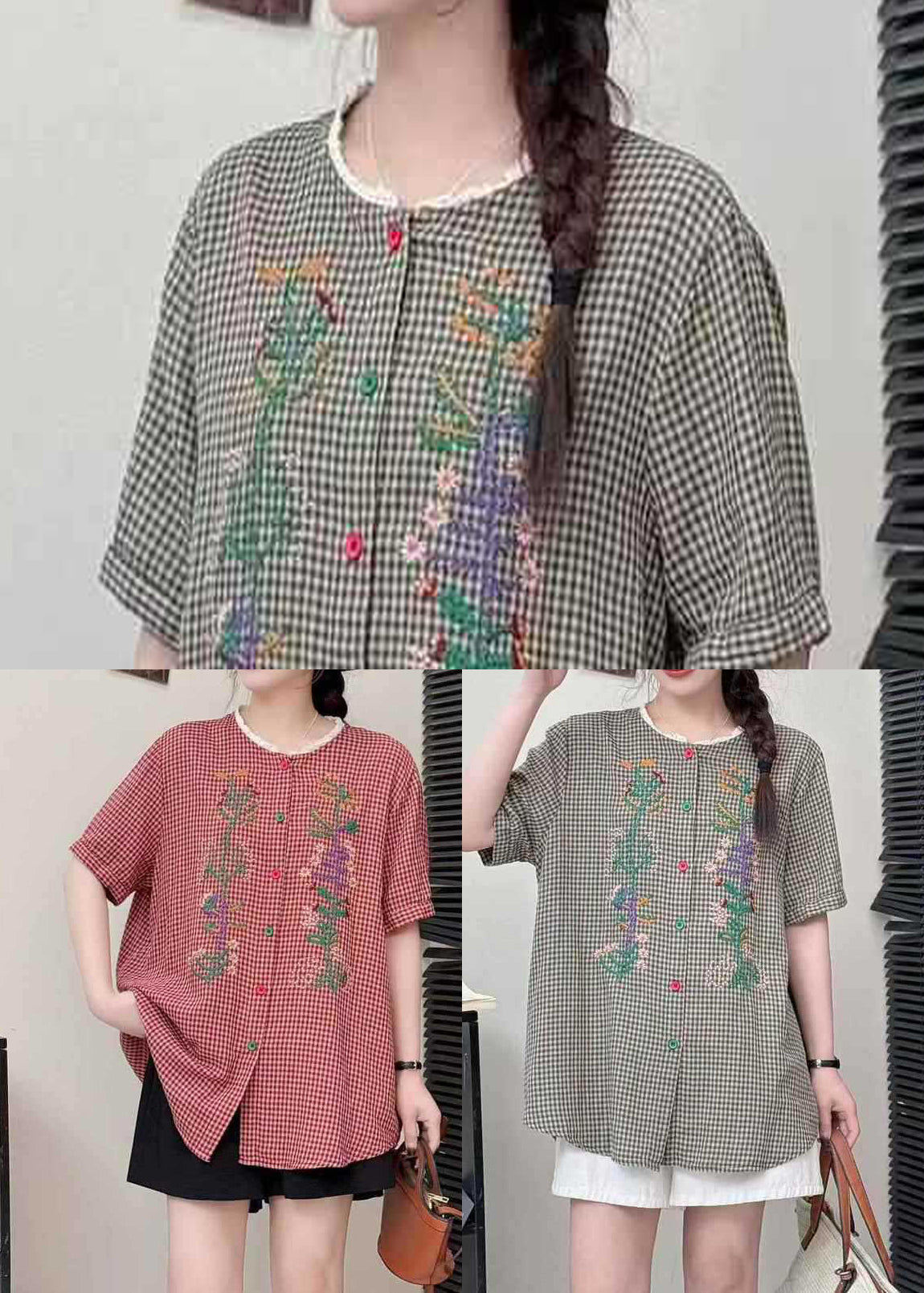 Stylish Red Embroidered Patchwork Linen Shirts Summer