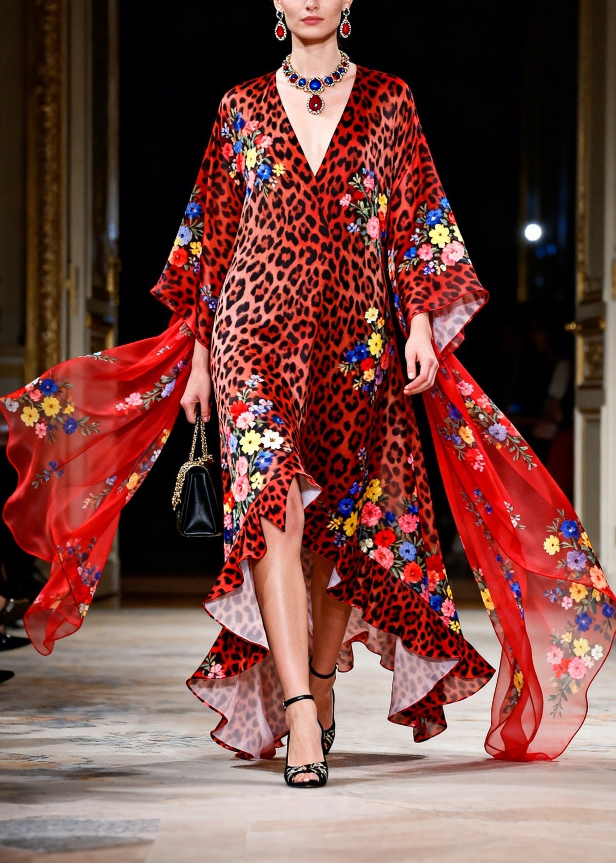 Stylish Red Leopard Ruffled Patchwork Chiffon Robe Dresses Summer