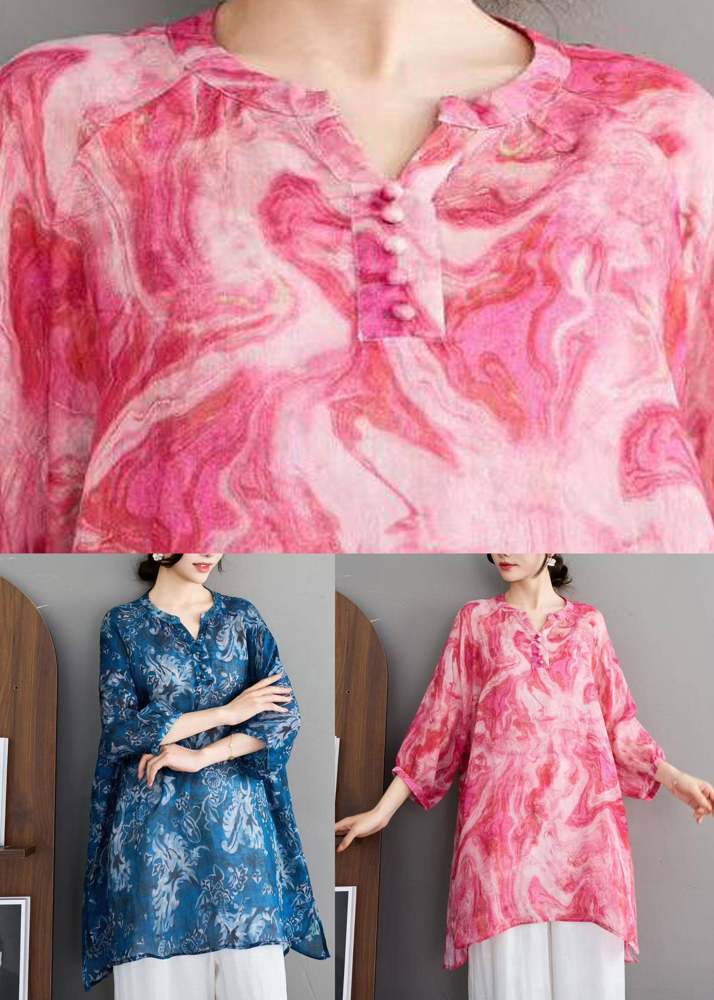 Stylish Red O-Neck Print Linen Shirts Three Quarter Sleeve