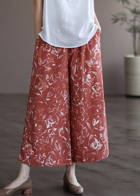 Pantalones de verano con cintura elástica y pierna ancha y cordón ajustable con estampado rojo elegante