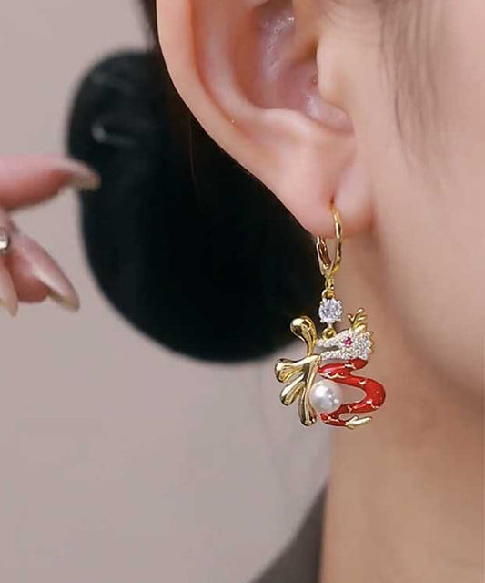 Elegantes pendientes colgantes con forma de dragón y perla de circonita de aleación de plata esterlina roja