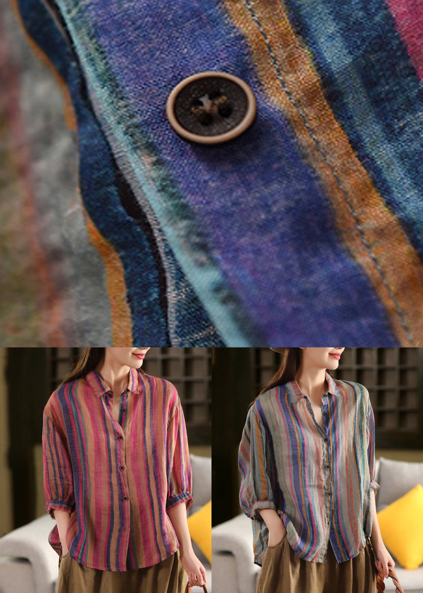 Stylish Rose Peter Pan Collar Striped Linen Shirts Bracelet Sleeve