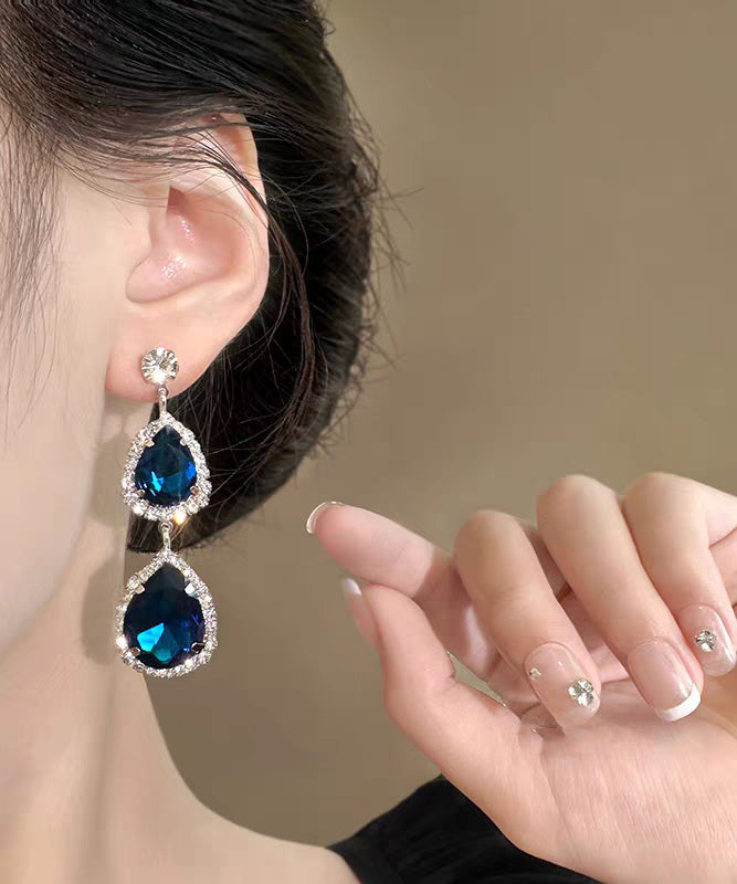 Stylish Royal Blue Alloy Zircon Gem Stone Water Droplet Drop Earrings