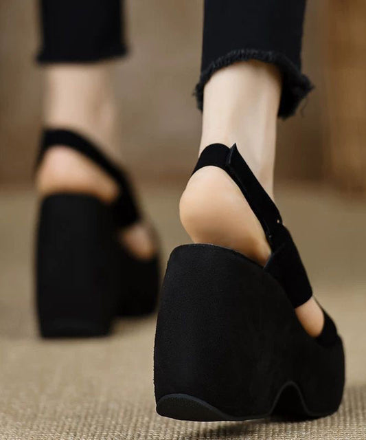 Stylish Splicing Wedge Heels Sandals Black Suede Peep Toe