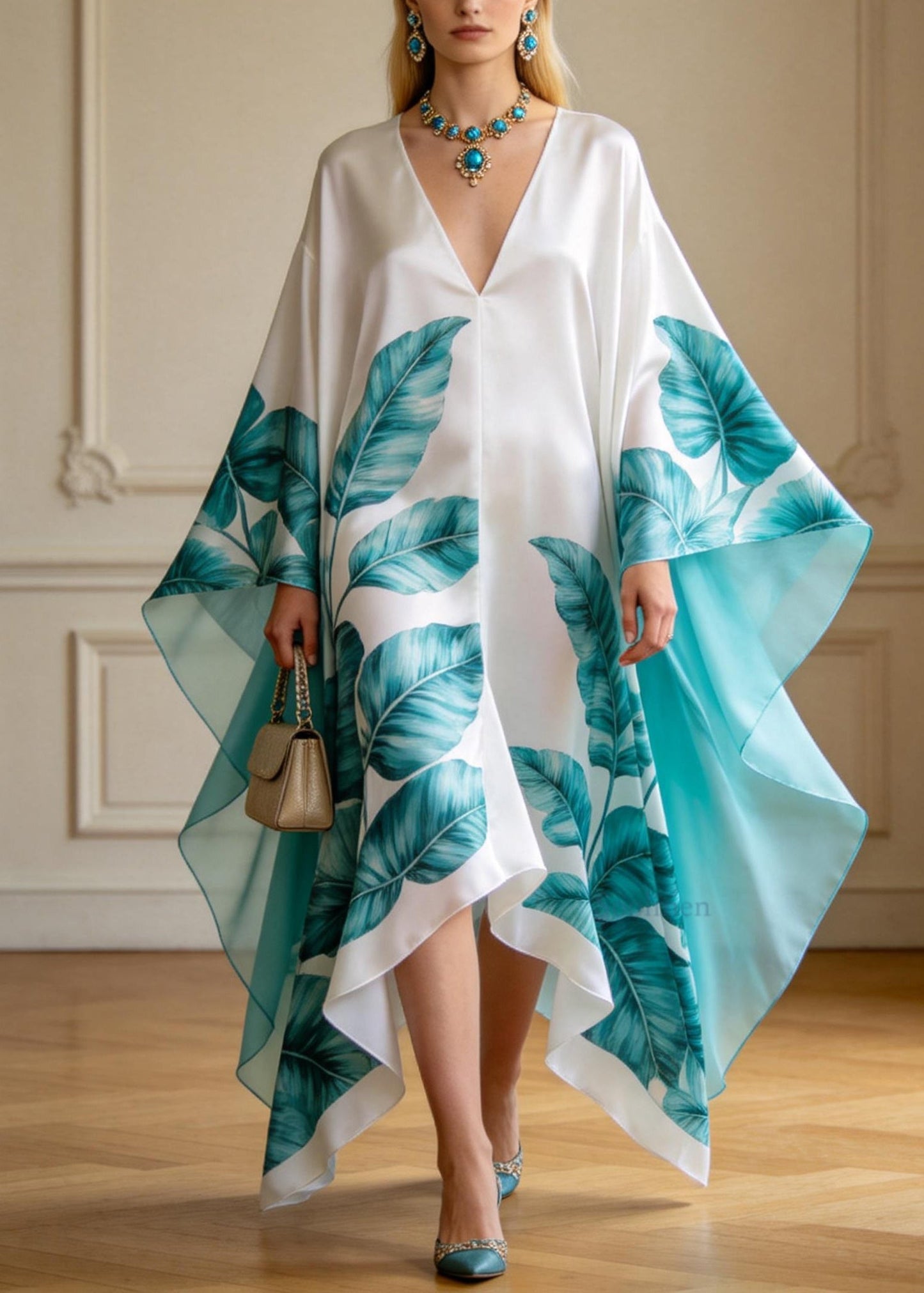 Stylish V Neck Asymmetrical Design Print Chiffon Maxi Dresses Summer