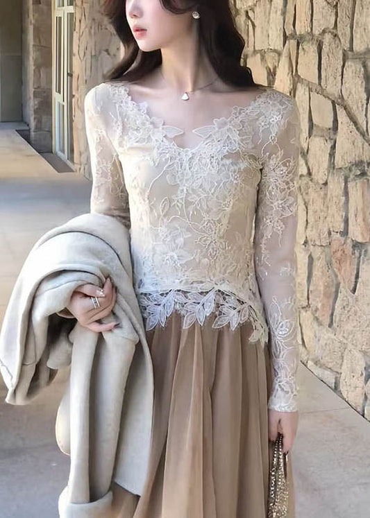 Camiseta elegante de encaje calado con cuello en V para primavera