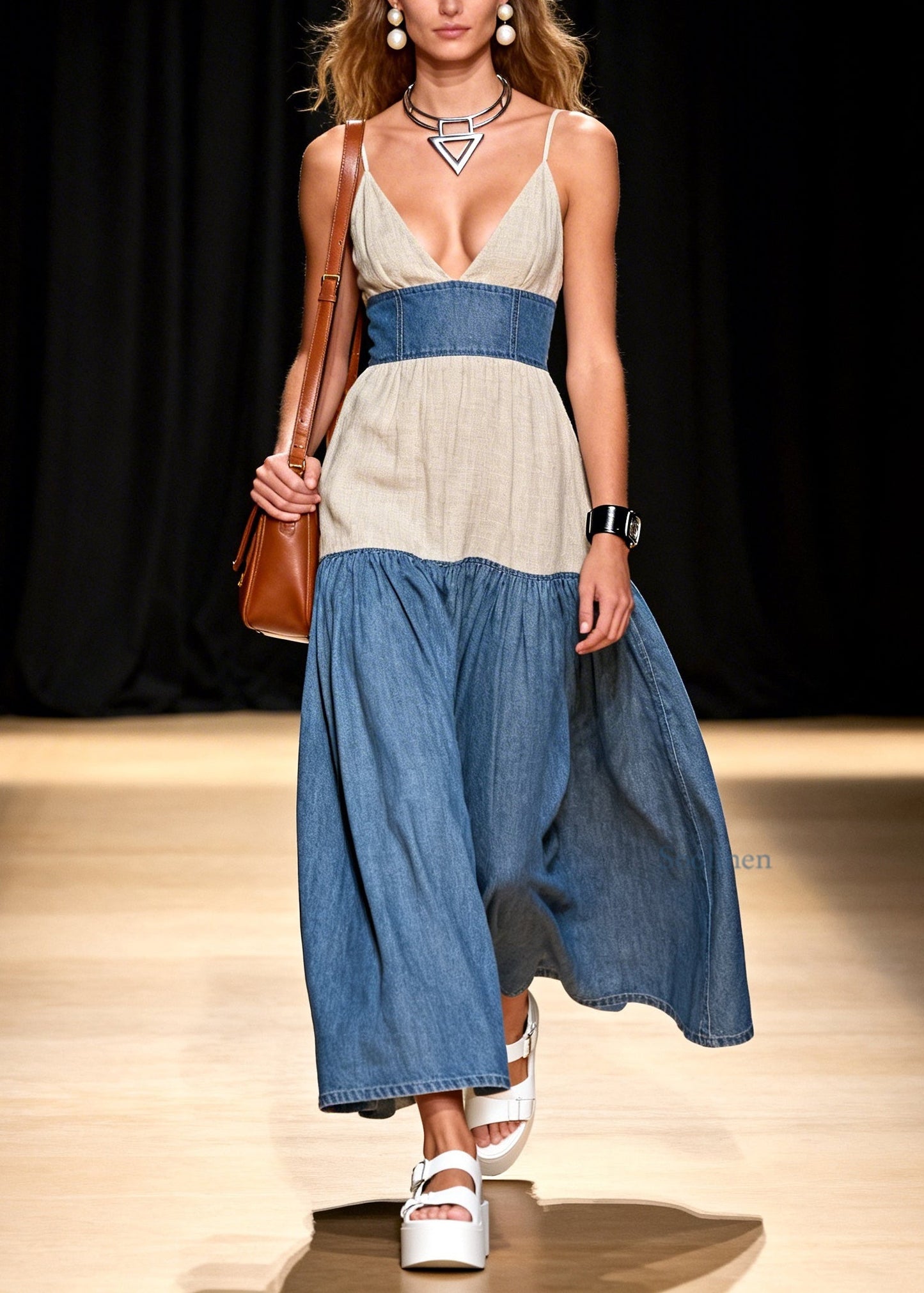 Stylish V Neck Patchwork Denim Spaghetti Strap Dress Sleeveless