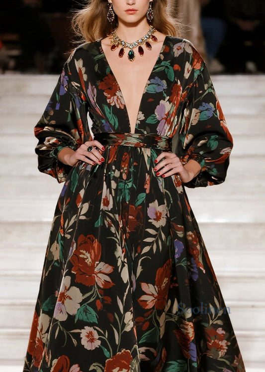 Vestido largo holgado de algodón con cuello en V y estampado elegante para primavera