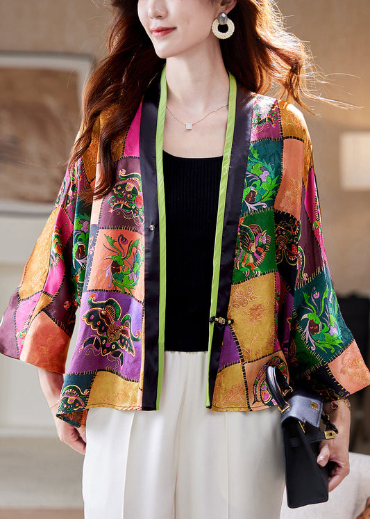 Stylish V Neck Print Patchwork Cotton Cardigan Fall