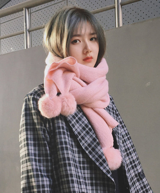 Stylish Versatile Yellow Fuzzy Ball Decorated Faux Cashmere Scarf