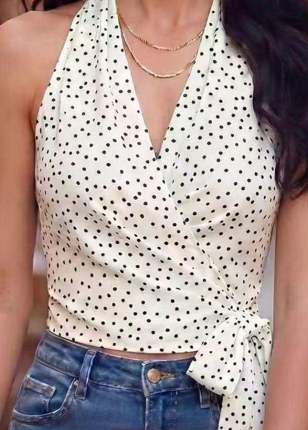 Stylish White Dot V Neck Lace Up Beach Vest Summer