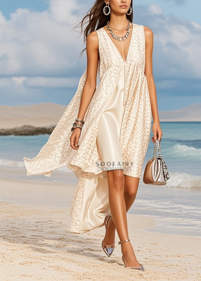 Stylish White Jacquard Asymmetrical Design Silk Cami Dresses Summer