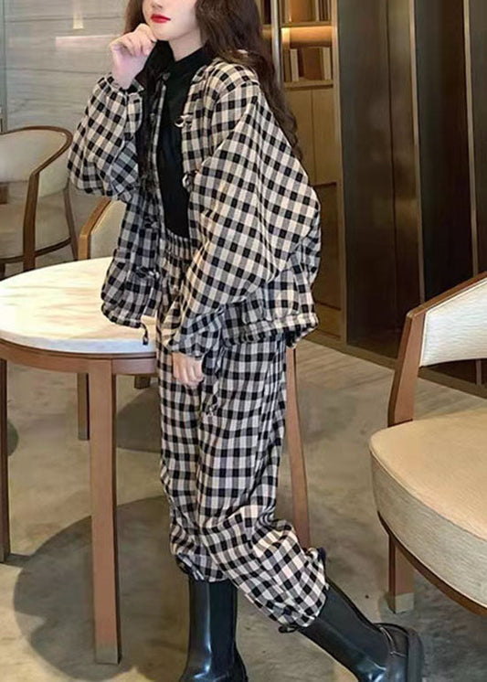 Stilvolle Weiß Plaid Warm Fleece tops harem hosen Zwei Stücke Set Frühling