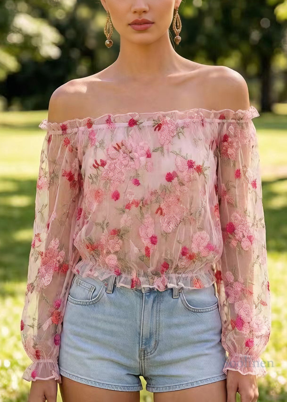Stylish White Slash Neck Embroidered Tulle Top Long Sleeve