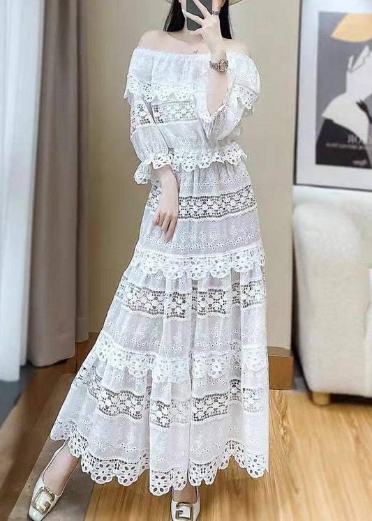 Stylish White Slash Neck Hollow Out Lace Two Pieces Set Butterfly Sleeve
