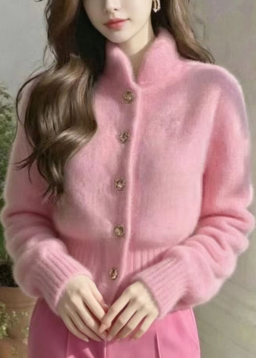 Stylish White Stand Collar Faux Mink Hair Knitted Cardigan Fall
