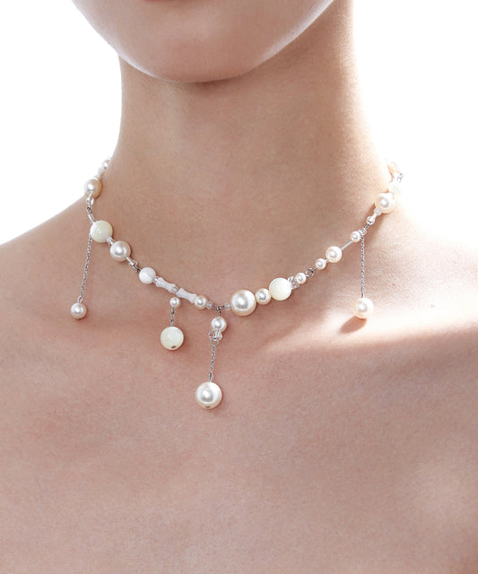 Stylish White Tassel Pearl Adjustable Silver Choker