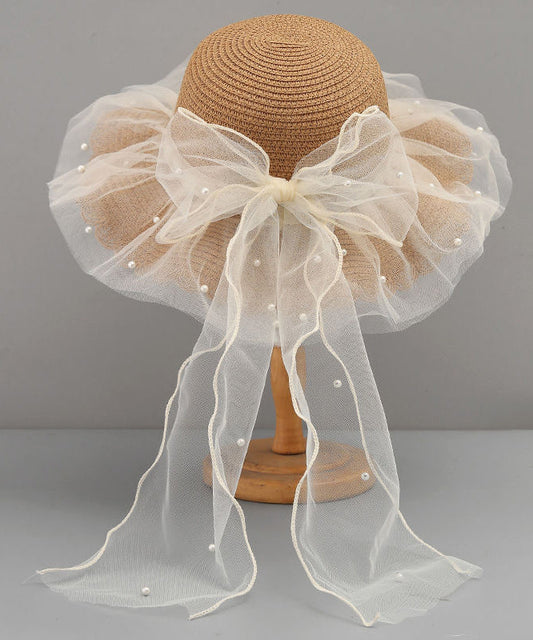 Stylish White Tulle Bow Straw Woven Floppy Sun Hat