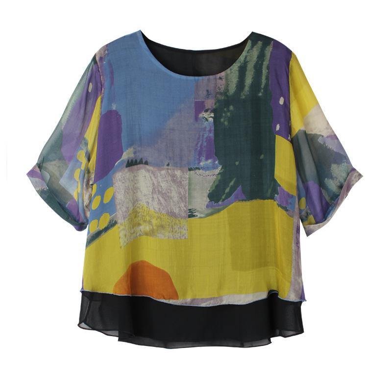 Stylish Yellow Blue Half Sleeve Chiffon Summer Shirt - SooLinen