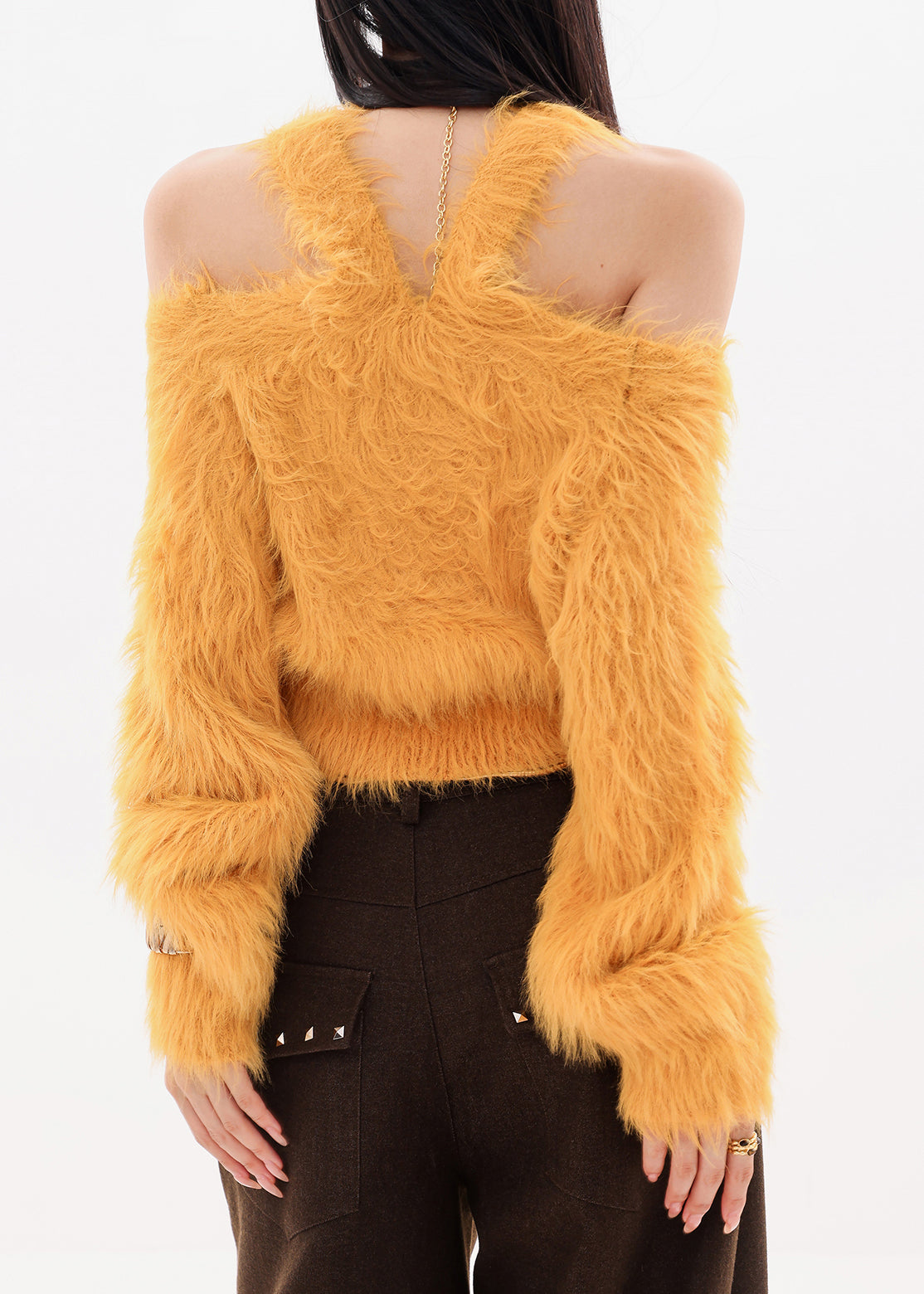 Stylish Yellow Cold Shoulder Fur Knitted Sweaters Tops Spring
