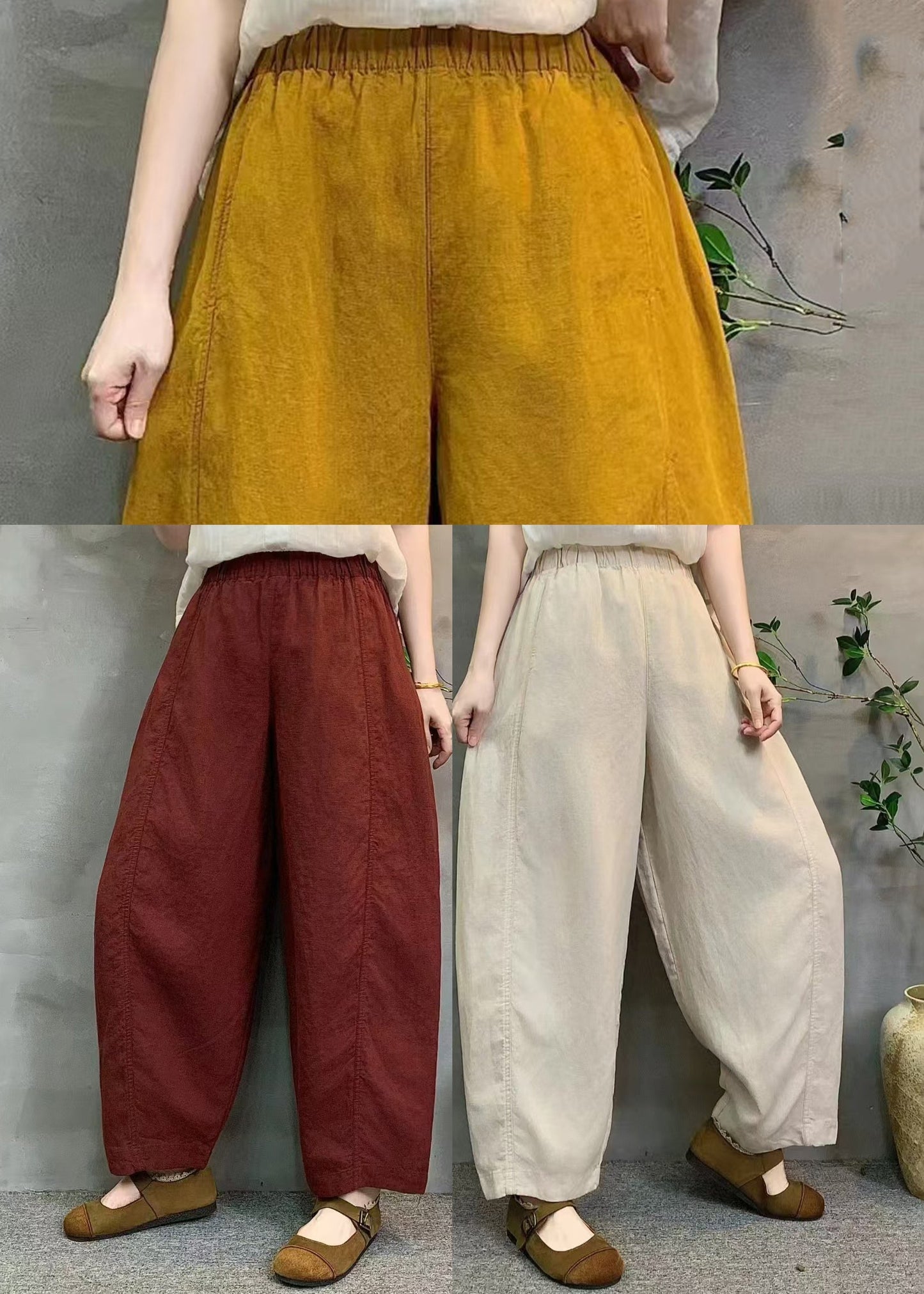 Stylish Yellow Elastic Waist Linen Harem Pants Summer