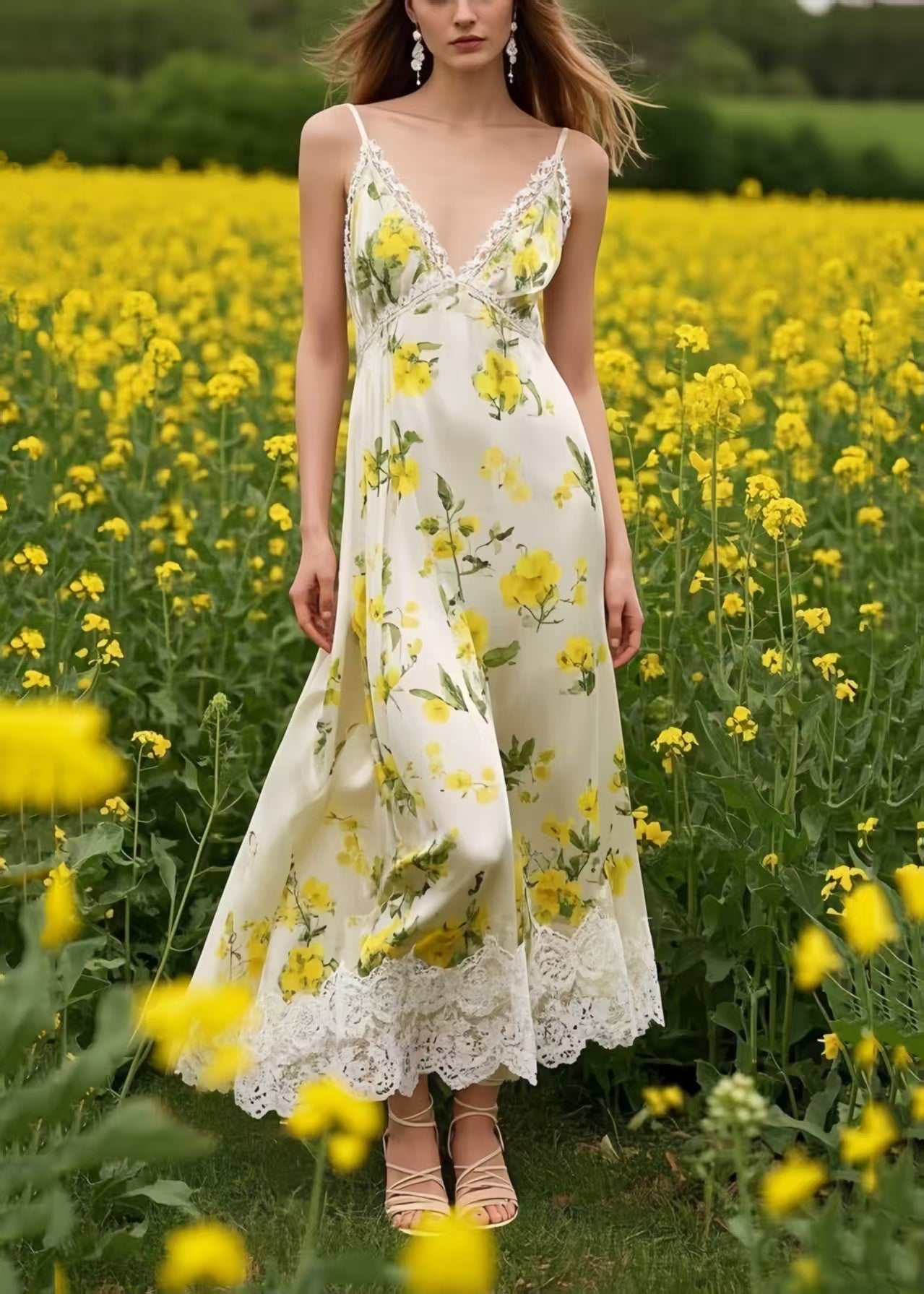 Stylish Yellow Floral Patchwork Lace Chiffon Cami Dress Summer