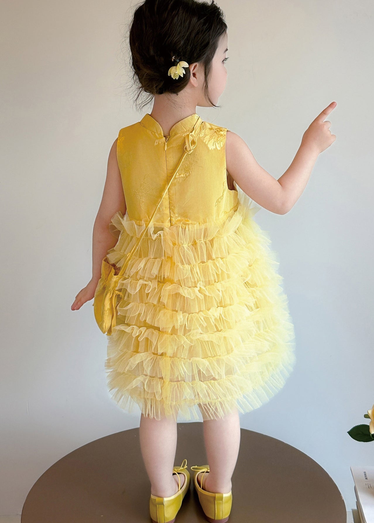 Stylish Yellow Jacquard Patchwork Tulle Kids Girls Robe Dresses Summer