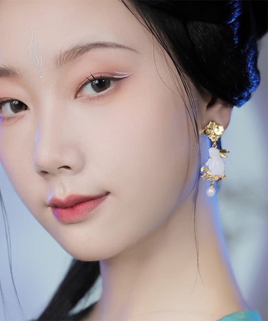 Stilvolle gelbe Sterling Silber Overgild Jade Perle Xiangyun die Jade Hase Tropfen Ohrringe