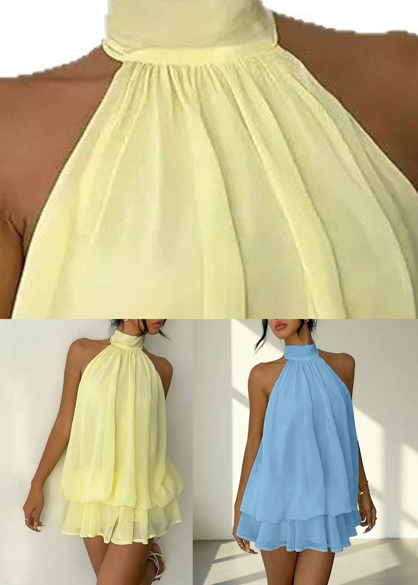 Stylish Yellow Turtleneck Solid Chiffon Mid Dress Sleeveless