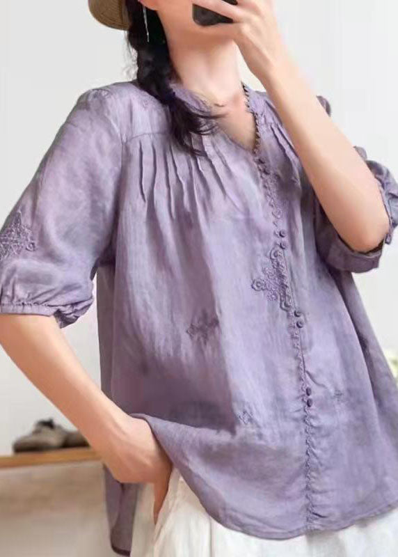 Stilvolle Orange V-Ausschnitt bestickte Sommer Ramie Shirts Halbarm