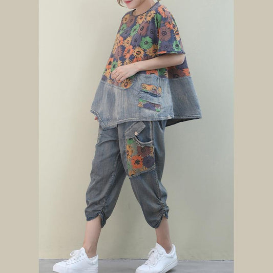 Summer 2021 new loose large size fan printed washed denim suit - SooLinen