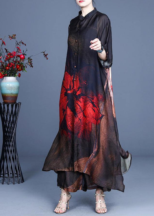 Summer Large Red Print Vintage Coat + Wide Leg Pants Two Piece Set - SooLinen