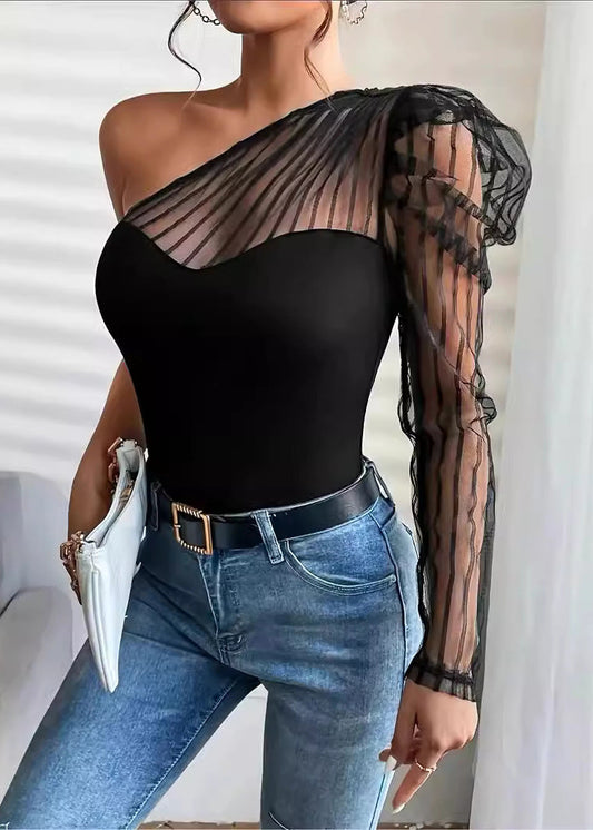 Summer Sexy Tulle Patchwork One Shoulder Long Sleeved T-Shirt Top