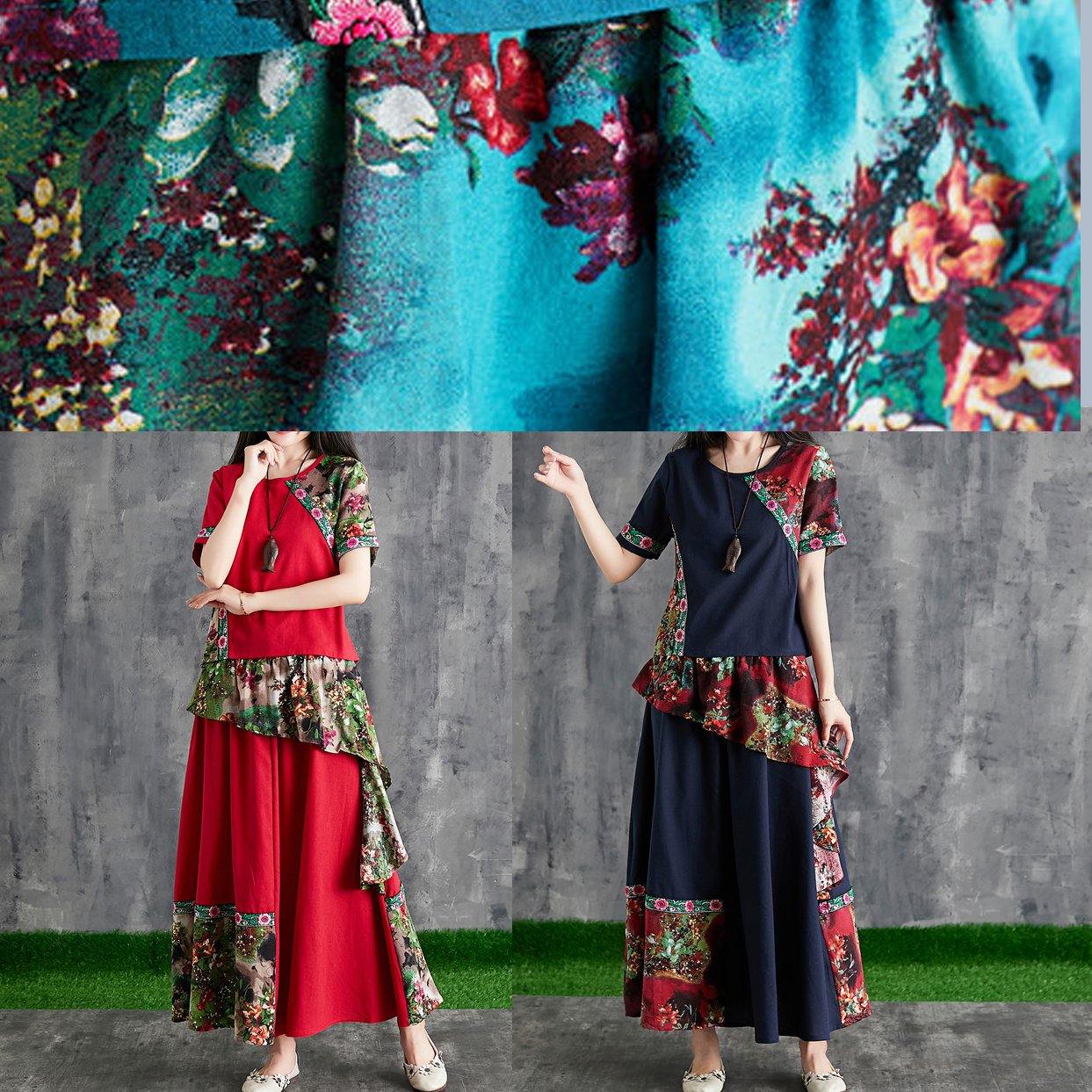 Summer cotton linen color stitching small fresh Chinese body temperament red print two-piece - SooLinen