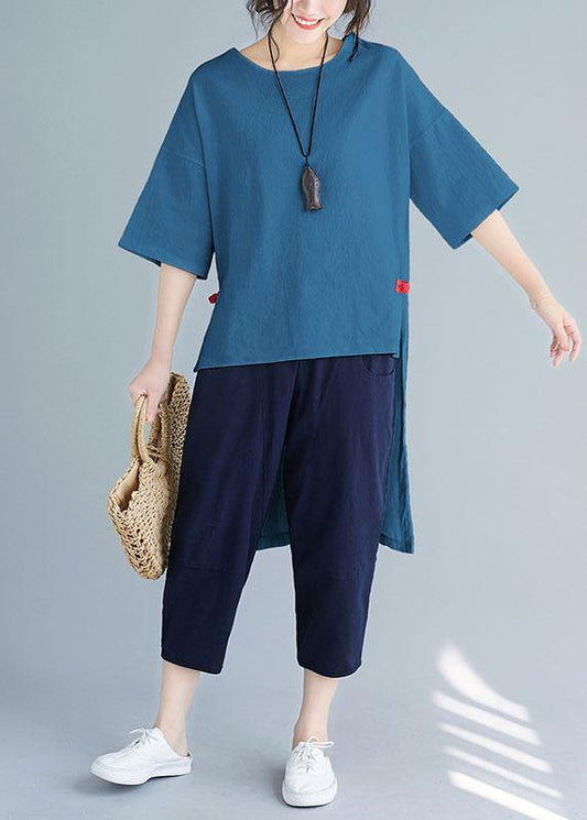 Summer loose large size solid color wild five-point sleeve red shirt harem pants suit - SooLinen