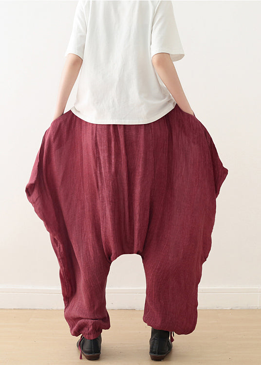 Summer new burgundy cotton and linen art women's button loose wide leg