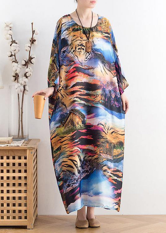 Summer new chiffon holiday style plus size women's retro dress loose printed long skirt - SooLinen