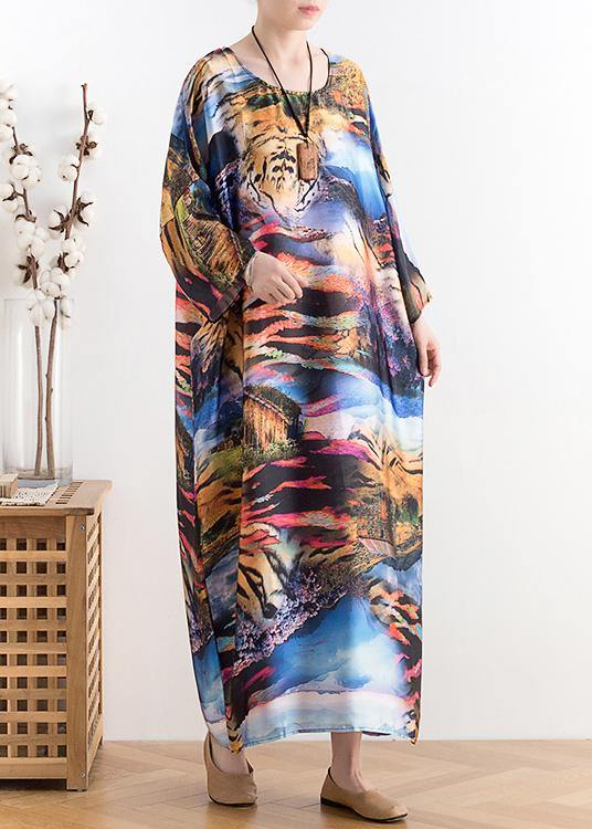 Summer new chiffon holiday style plus size women's retro dress loose printed long skirt - SooLinen