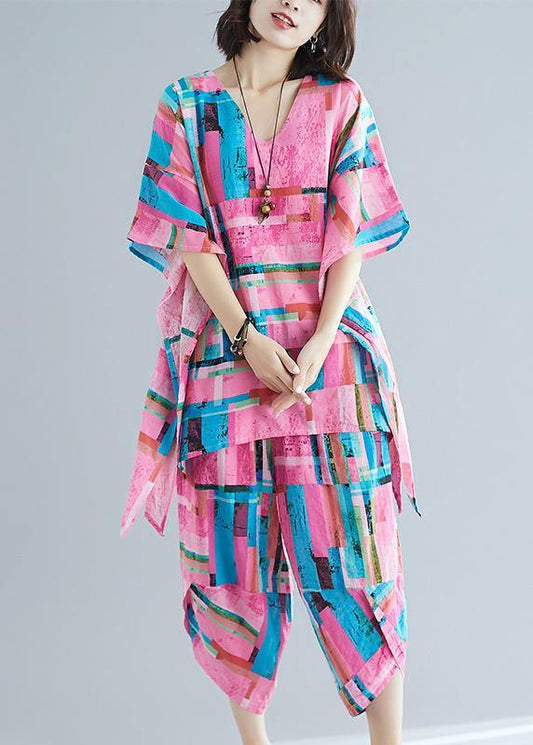 Summer new large size women's art pink print plus long T-shirt + cotton and linen seven points casual pants - SooLinen