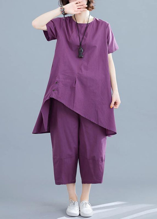 Summer new loose large size women's purple fashion irregular short-sleeved shirt + pants casual cotton and linen - SooLinen